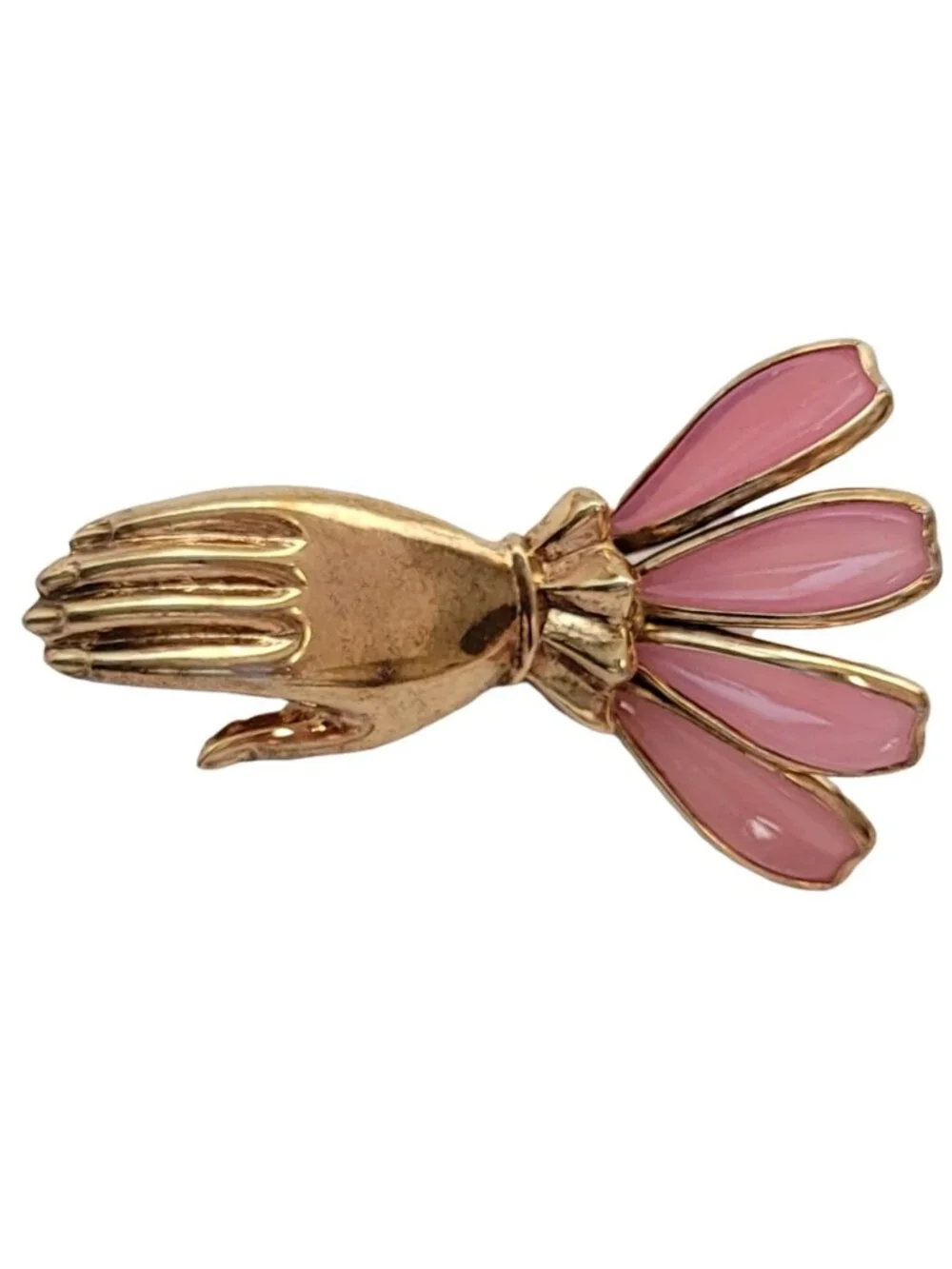 Trifari Gold-Tone Pink Poured Glass Hand Brooch, Philippe, N84